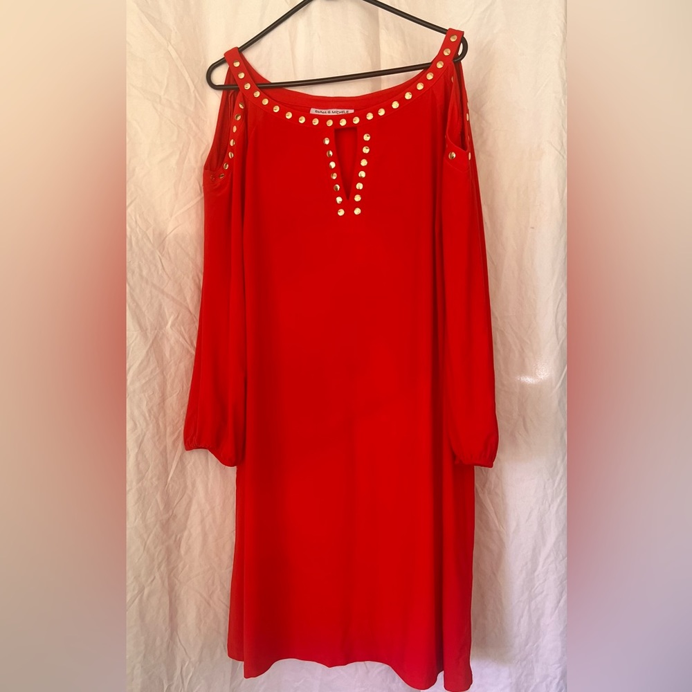 Emma & Michele keyhole, neck line, cut out shoulders gold studs on trim